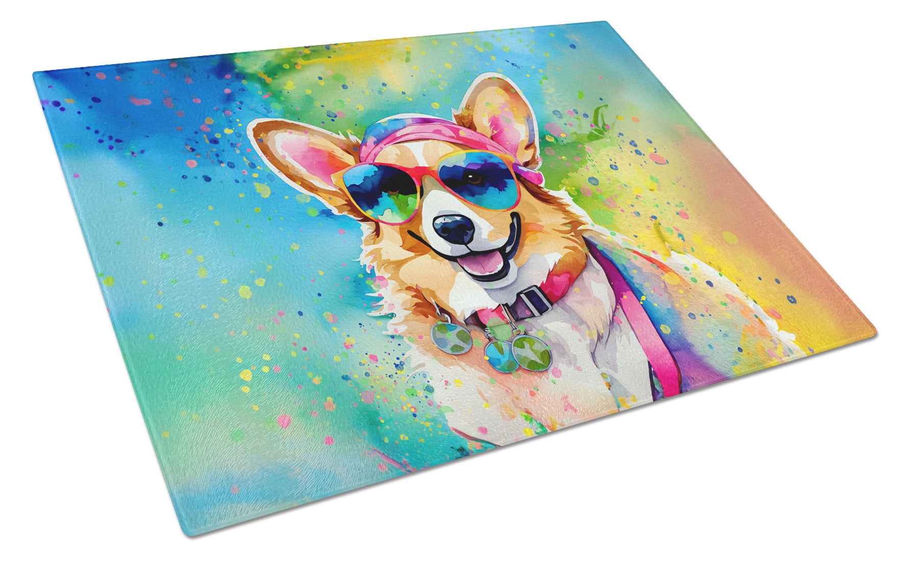 Corgi Hippie Dawg Cutting Board Tempered Glass Kitchen Cutting Surface, Heat Resistant Chopping, Non-Slip Feet, Food Prep & Serving