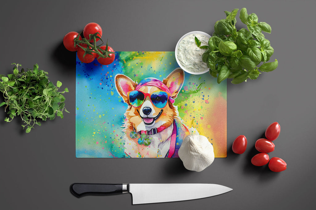 Corgi Hippie Dawg Cutting Board Tempered Glass Kitchen Cutting Surface, Heat Resistant Chopping, Non-Slip Feet, Food Prep & Serving