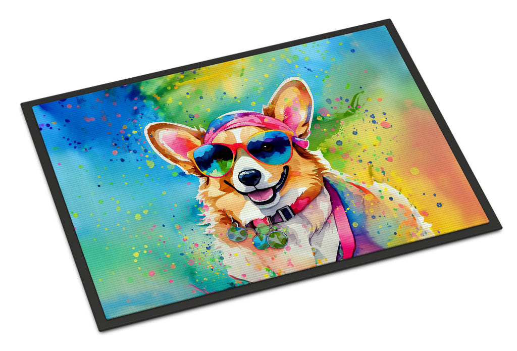 Corgi Hippie Dawg Doormat Indoor Outdoor 18H X 27W Front Door Mat Rugs for Entryway, Non Slip Washable