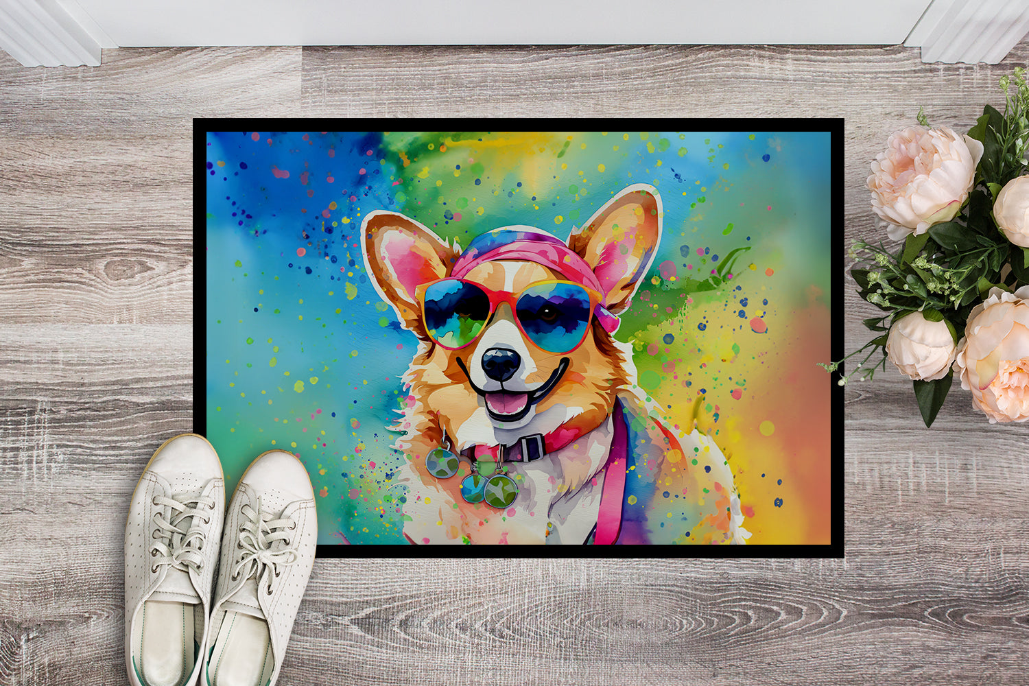 Corgi Hippie Dawg Doormat Indoor Outdoor 18H X 27W Front Door Mat Rugs for Entryway, Non Slip Washable
