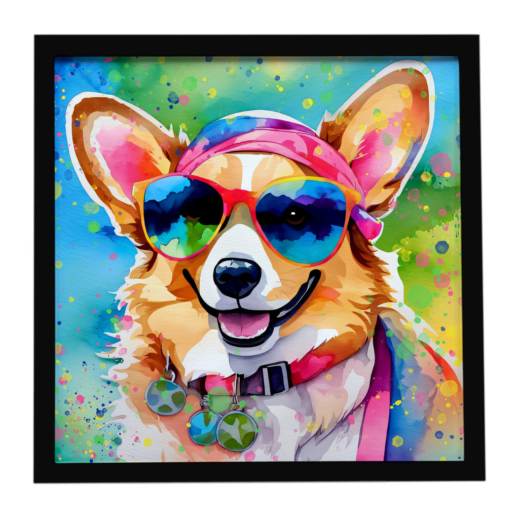 Corgi Hippie Dawg Framed Metal Print Bathroom, Kitchen, Office, Home Decor Wall Art Ready to Hang, Square, 8X8