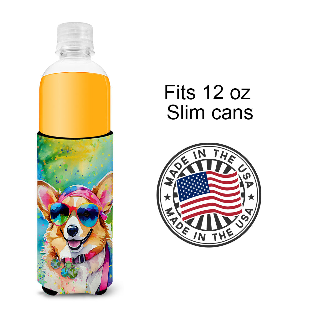 Corgi Hippie Dawg Slim Can Hugger , Insulated Foam Hugger for 12 oz Slim Cans, Beer Bottles & Water Bottles, Printed in USA