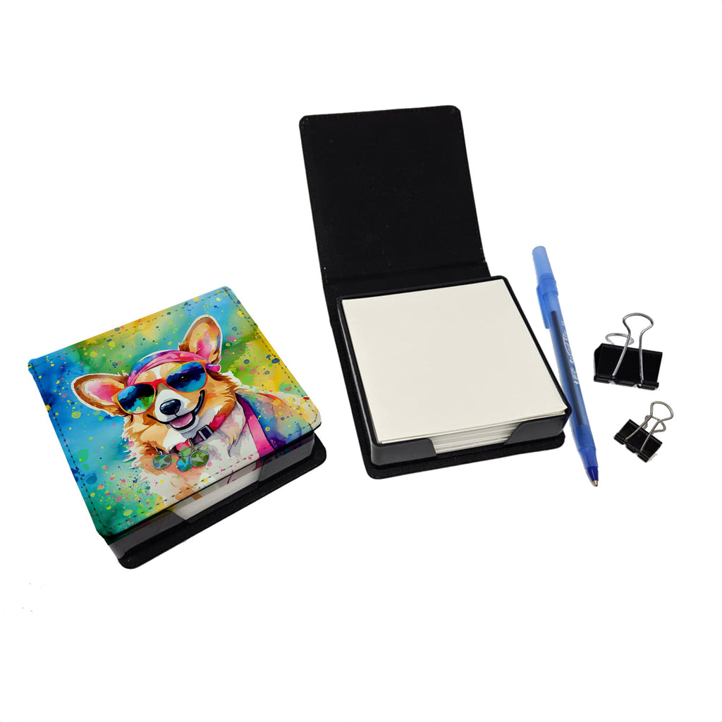 Corgi Hippie Dawg PU Leather Note Paper Holder with Artist-Designed Cover, Desk Accessory, Office Gift