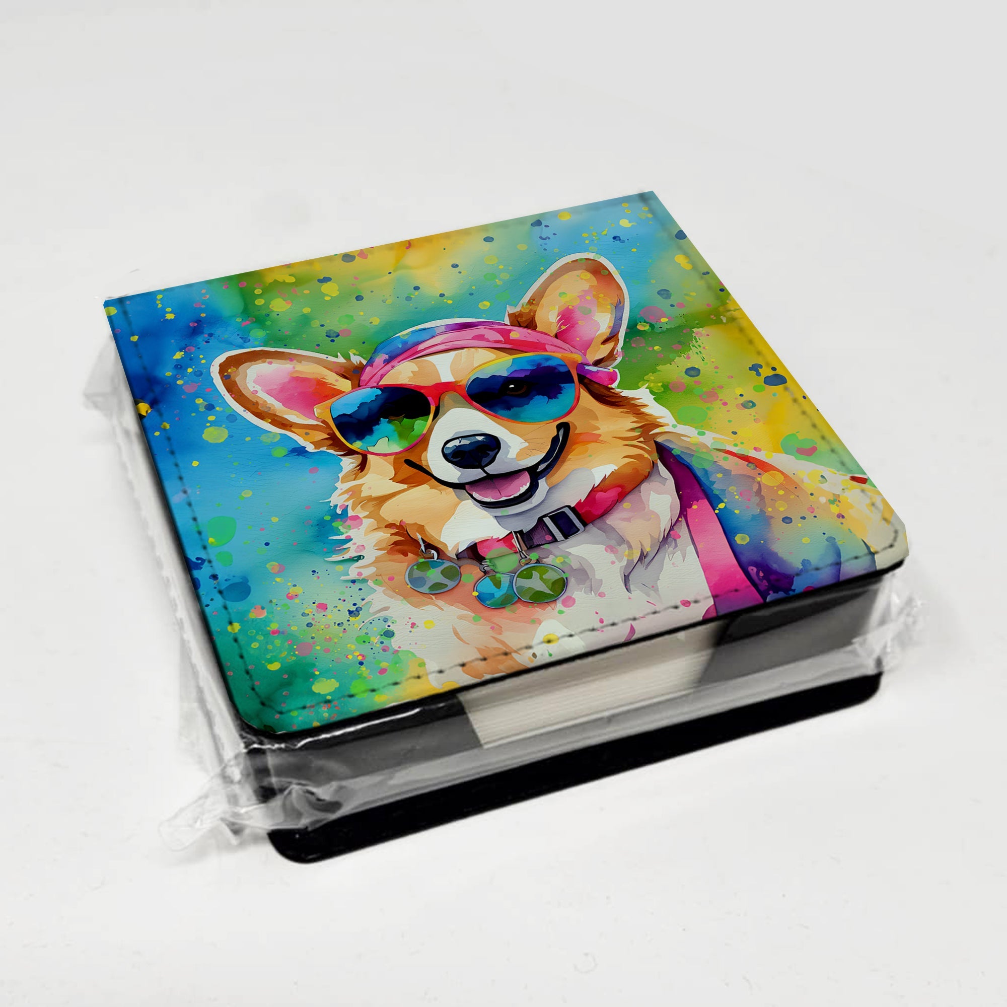 Corgi Hippie Dawg PU Leather Note Paper Holder with Artist-Designed Cover, Desk Accessory, Office Gift