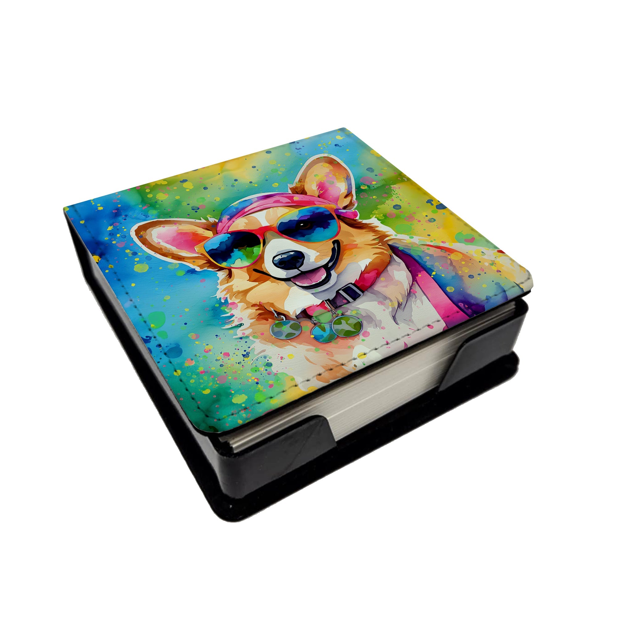 Corgi Hippie Dawg PU Leather Note Paper Holder with Artist-Designed Cover, Desk Accessory, Office Gift