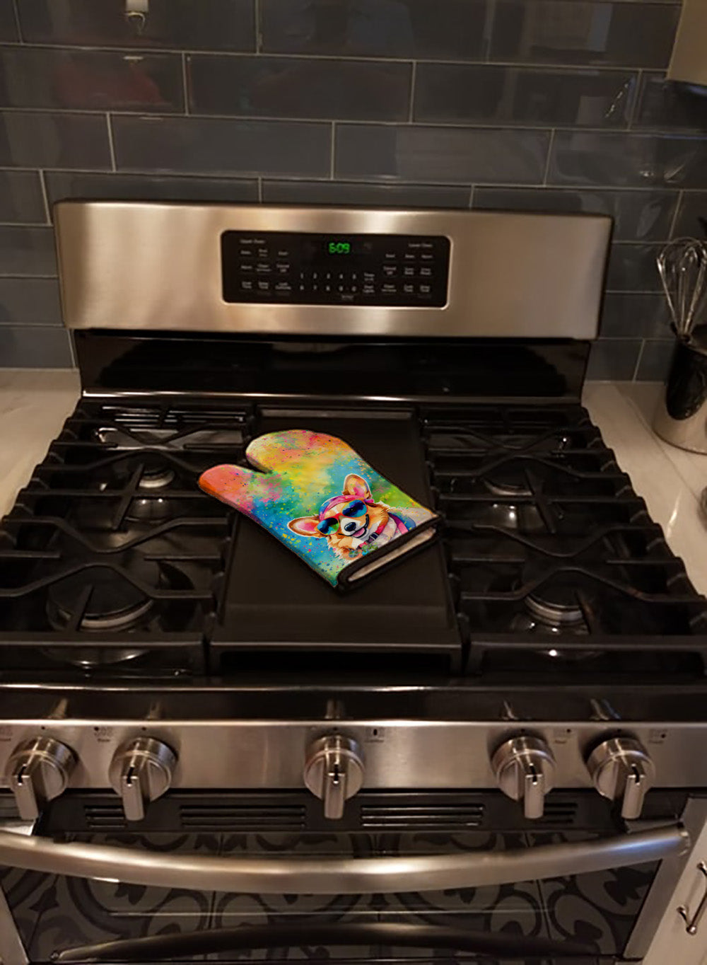 Corgi Hippie Dawg Oven Mitt Heat Resistant Thick Oven Mitt for Hot Pans and Oven, Kitchen Mitt Protect Hands, Cooking Baking Glove