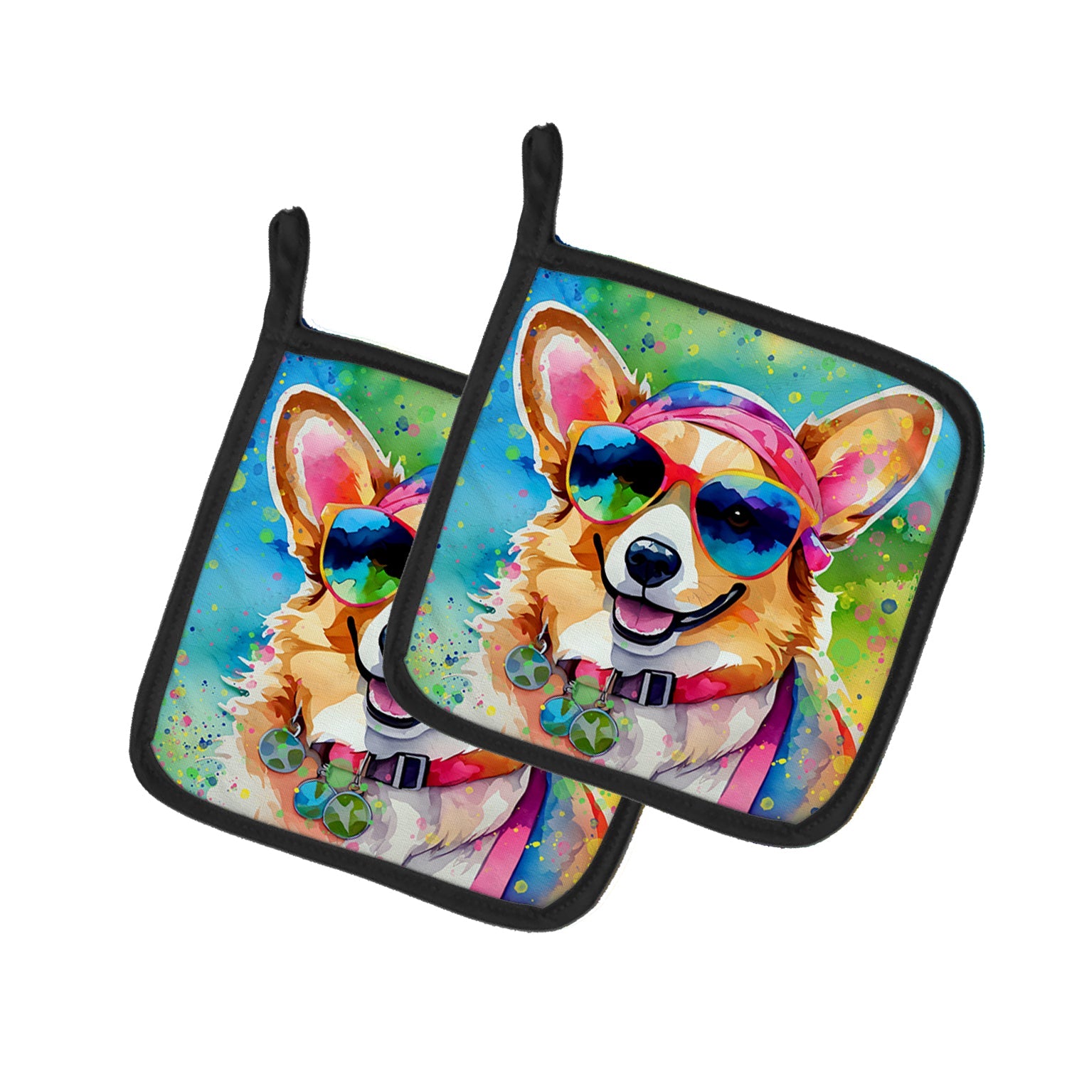 Corgi Hippie Dawg Pot Holder Set of 2 Heat Resistant Quilted Hot Pads 7.5 x 7.5 Inch, Insulated Kitchen Trivets for Cooking & Baking