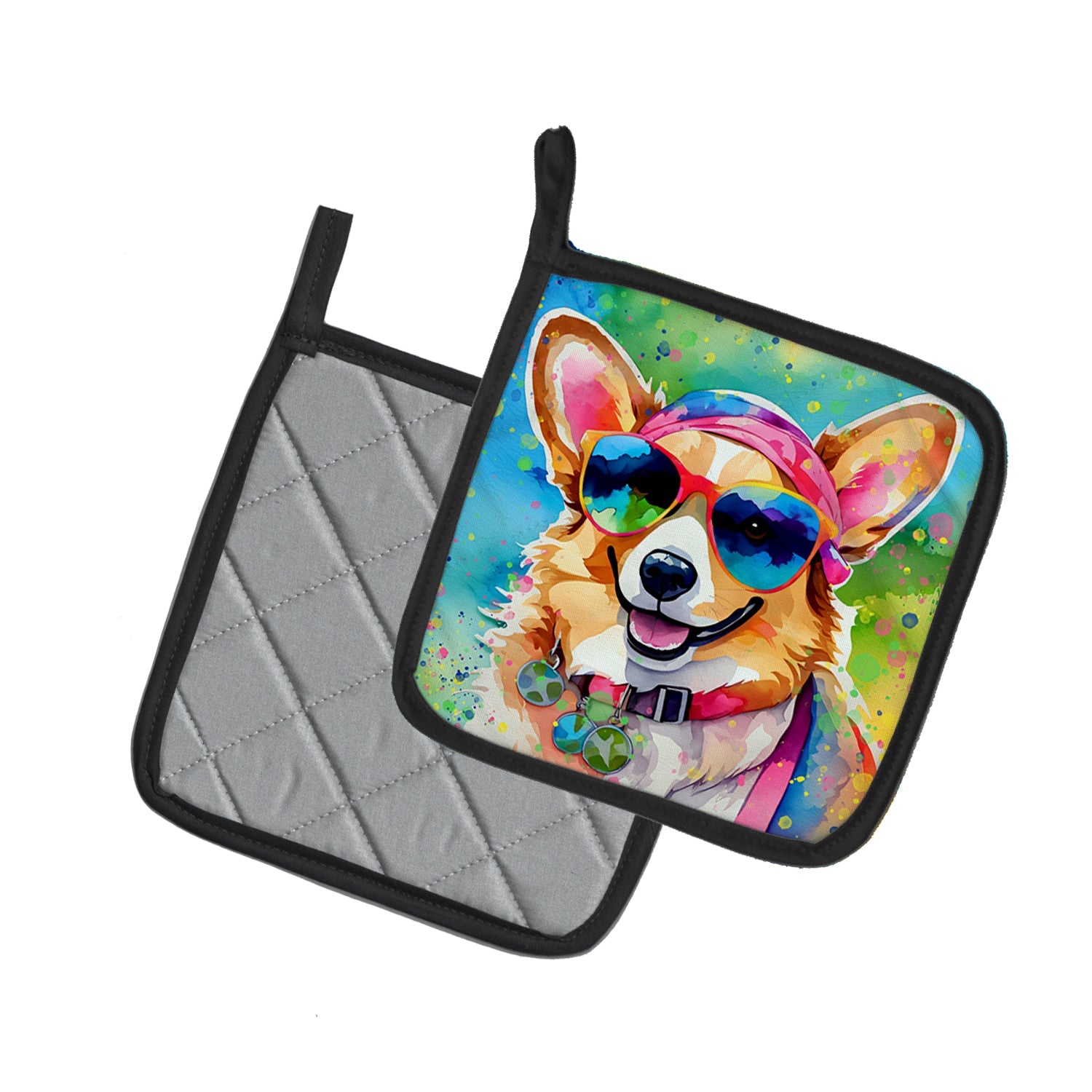 Corgi Hippie Dawg Pot Holder Set of 2 Heat Resistant Quilted Hot Pads 7.5 x 7.5 Inch, Insulated Kitchen Trivets for Cooking & Baking