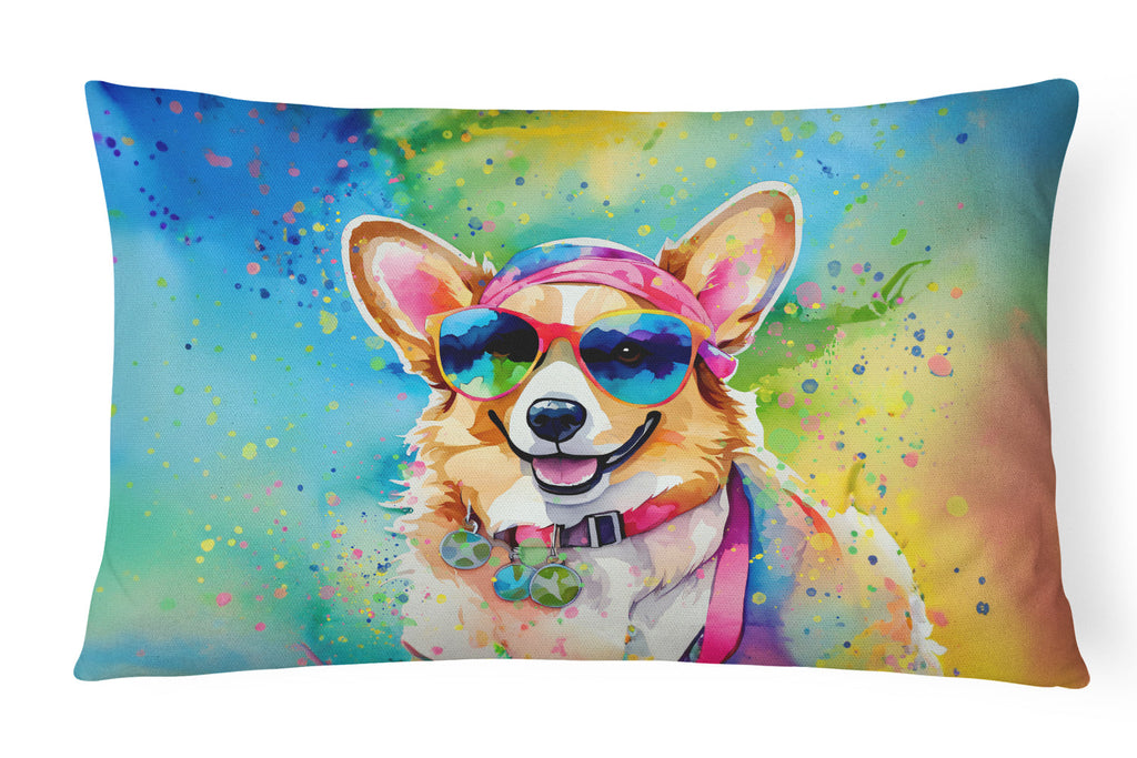 Corgi Hippie Dawg Decorative Throw Pillow 12x16 Indoor Outdoor Accent Cushion, Fabric Cover with Insert for Sofa, Bed, Porch & Living Room