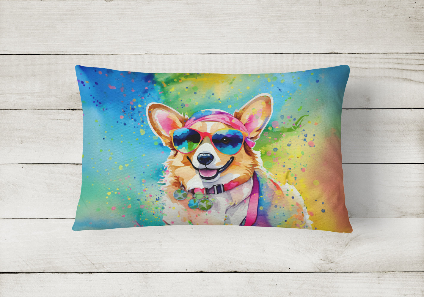 Corgi Hippie Dawg Decorative Throw Pillow 12x16 Indoor Outdoor Accent Cushion, Fabric Cover with Insert for Sofa, Bed, Porch & Living Room