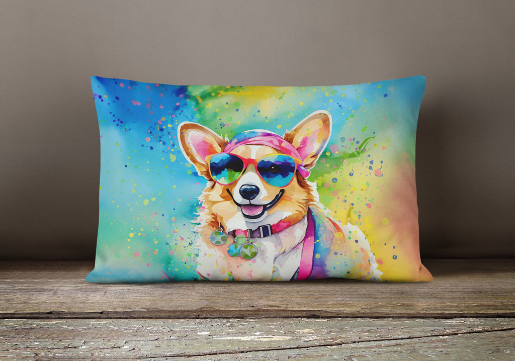 Corgi Hippie Dawg Decorative Throw Pillow 12x16 Indoor Outdoor Accent Cushion, Fabric Cover with Insert for Sofa, Bed, Porch & Living Room