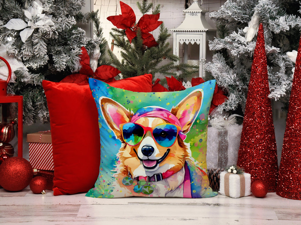 Corgi Hippie Dawg Decorative Throw Pillow 14x14 Indoor Outdoor Accent Cushion, Fabric Cover with Insert for Sofa, Bed, Porch & Living Room