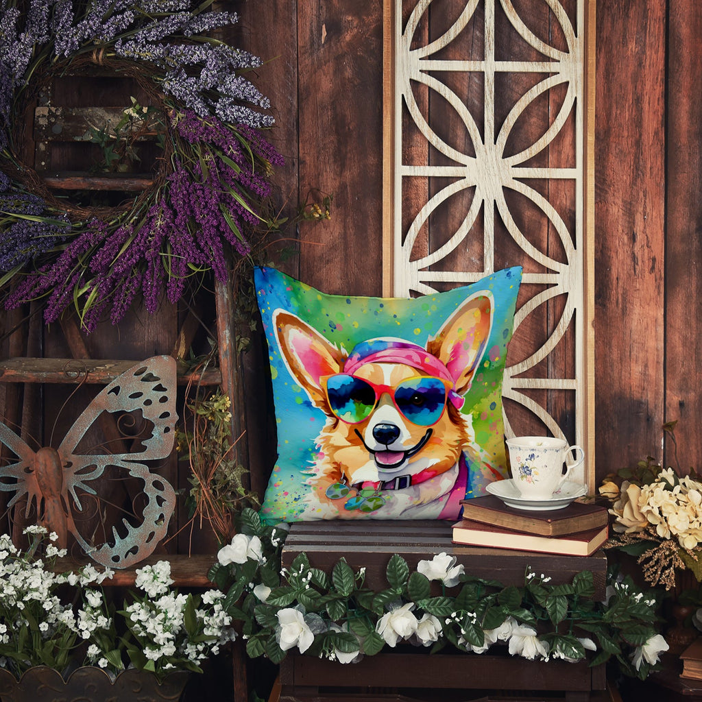 Corgi Hippie Dawg Decorative Throw Pillow 14x14 Indoor Outdoor Accent Cushion, Fabric Cover with Insert for Sofa, Bed, Porch & Living Room