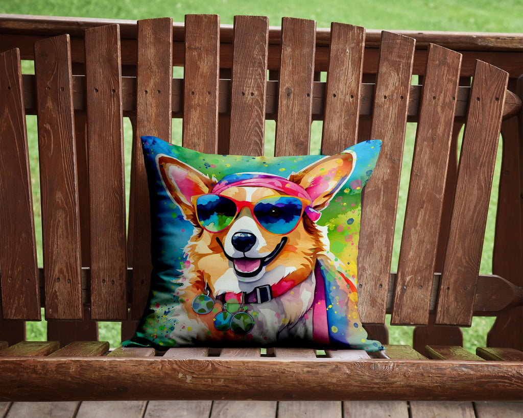 Corgi Hippie Dawg Decorative Throw Pillow 14x14 Indoor Outdoor Accent Cushion, Fabric Cover with Insert for Sofa, Bed, Porch & Living Room