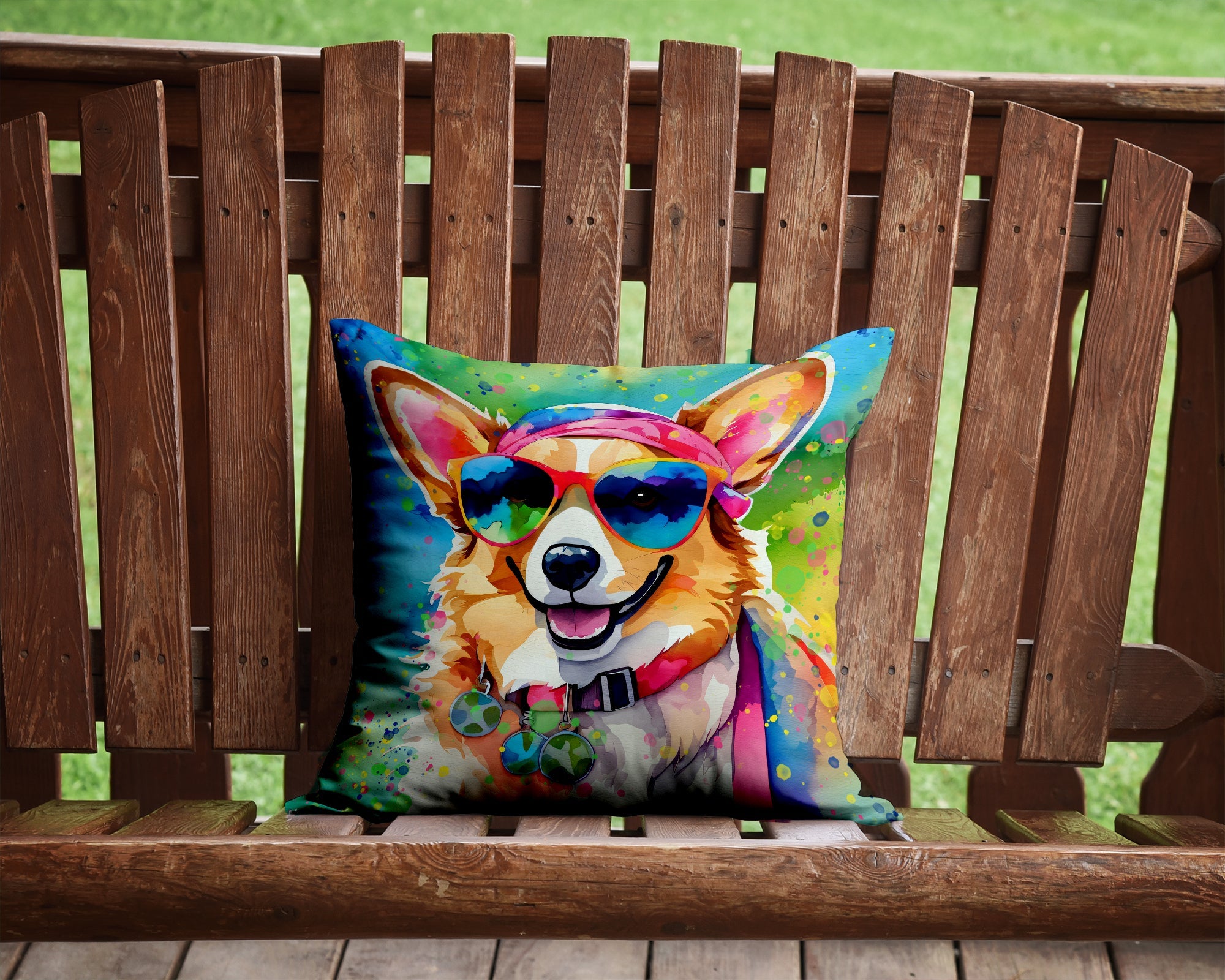 Corgi Hippie Dawg Decorative Throw Pillow 14x14 Indoor Outdoor Accent Cushion, Fabric Cover with Insert for Sofa, Bed, Porch & Living Room