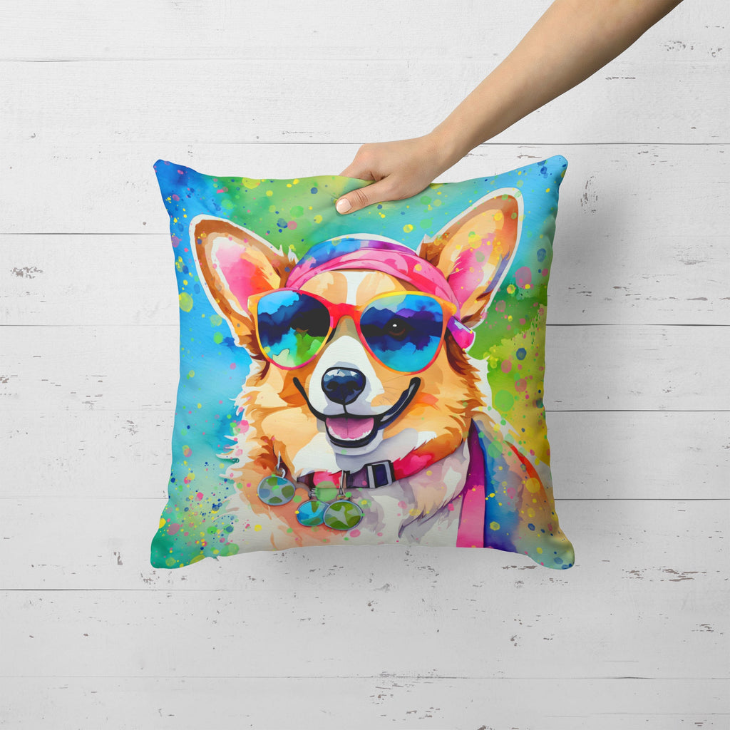 Corgi Hippie Dawg Decorative Throw Pillow 18x18 Indoor Outdoor Accent Cushion, Fabric Cover with Insert for Sofa, Bed, Porch & Living Room