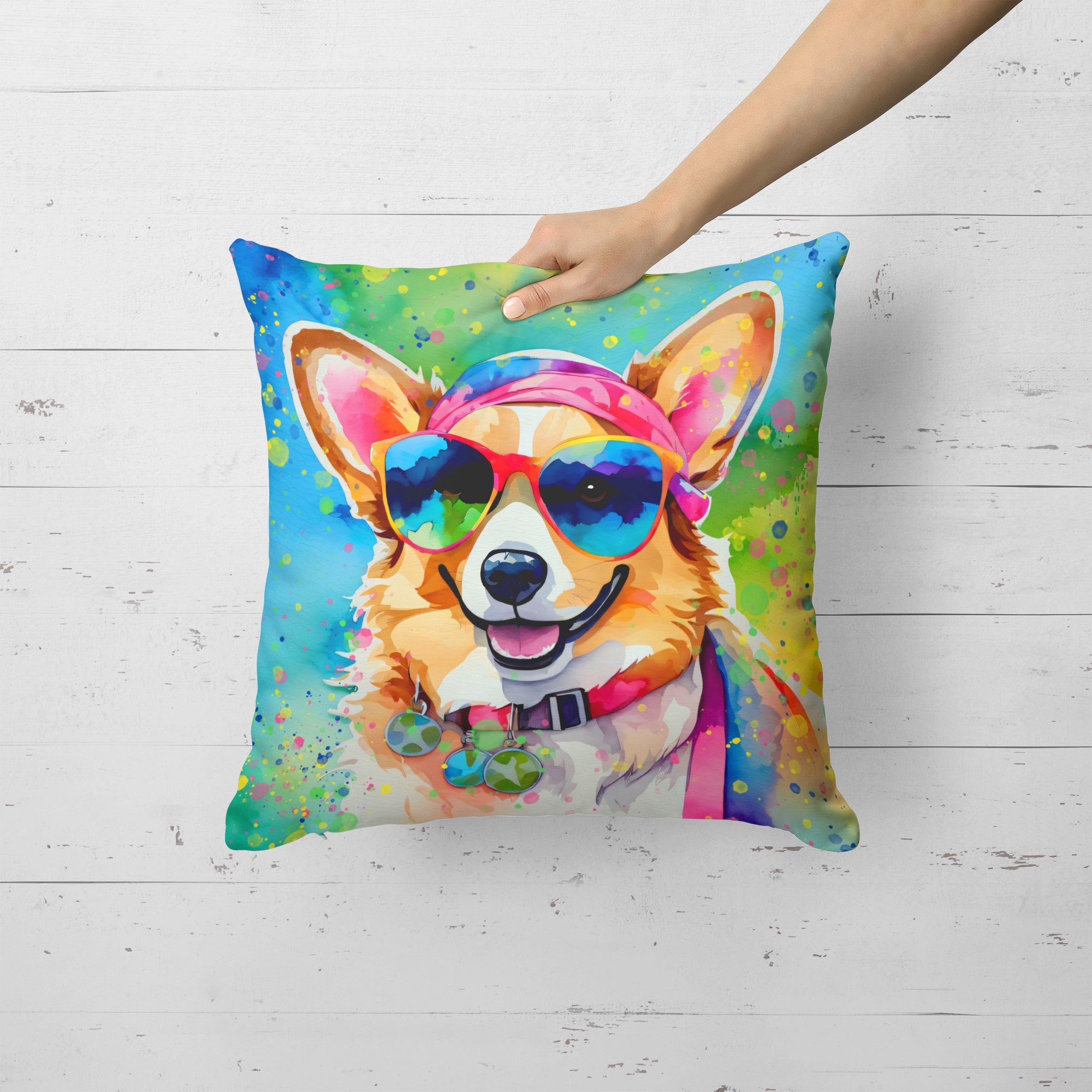 Corgi Hippie Dawg Decorative Throw Pillow 18x18 Indoor Outdoor Accent Cushion, Fabric Cover with Insert for Sofa, Bed, Porch & Living Room