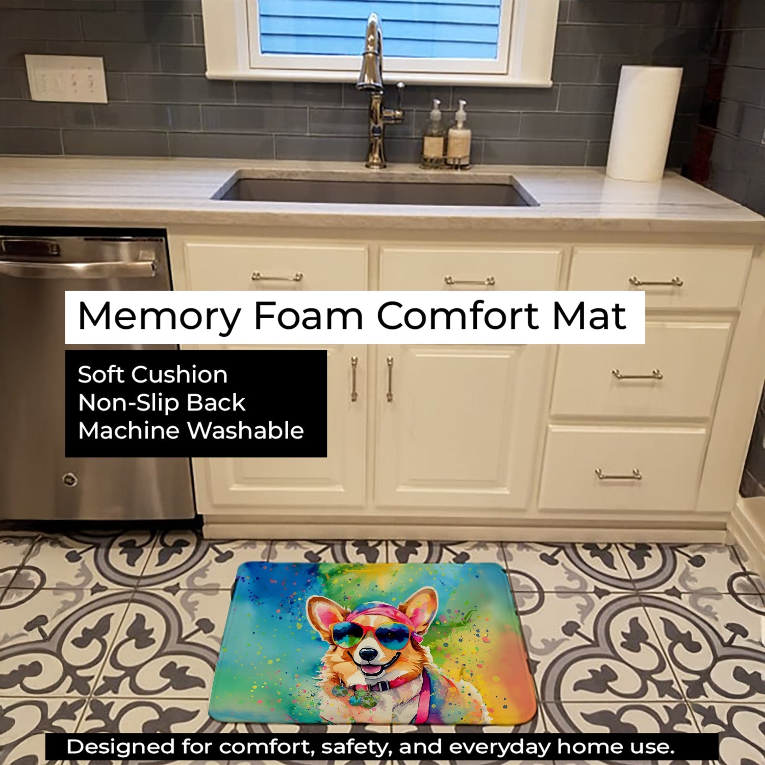 Corgi Hippie Dawg Memory Foam Kitchen Mat Machine Washable Anti-Fatigue Cushion Comfort Bath or Kitchen Rug