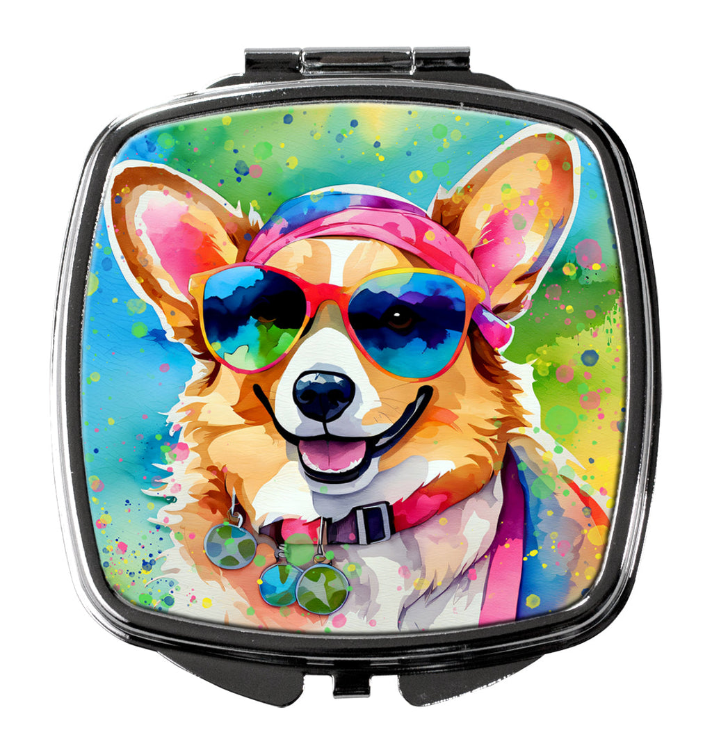 Corgi Hippie Dawg Compact Mirror Decorative Travel Makeup Mirror for Women Girls Gifts Pocket Makeup Mirror Folding Handheld