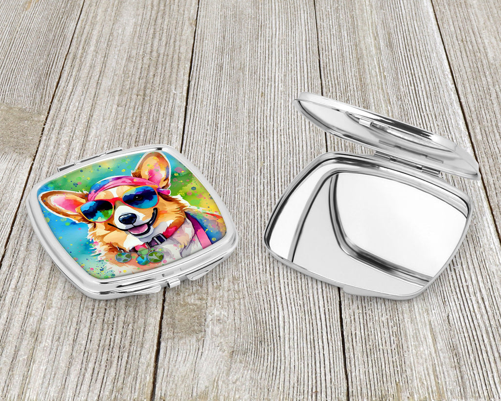 Corgi Hippie Dawg Compact Mirror Decorative Travel Makeup Mirror for Women Girls Gifts Pocket Makeup Mirror Folding Handheld