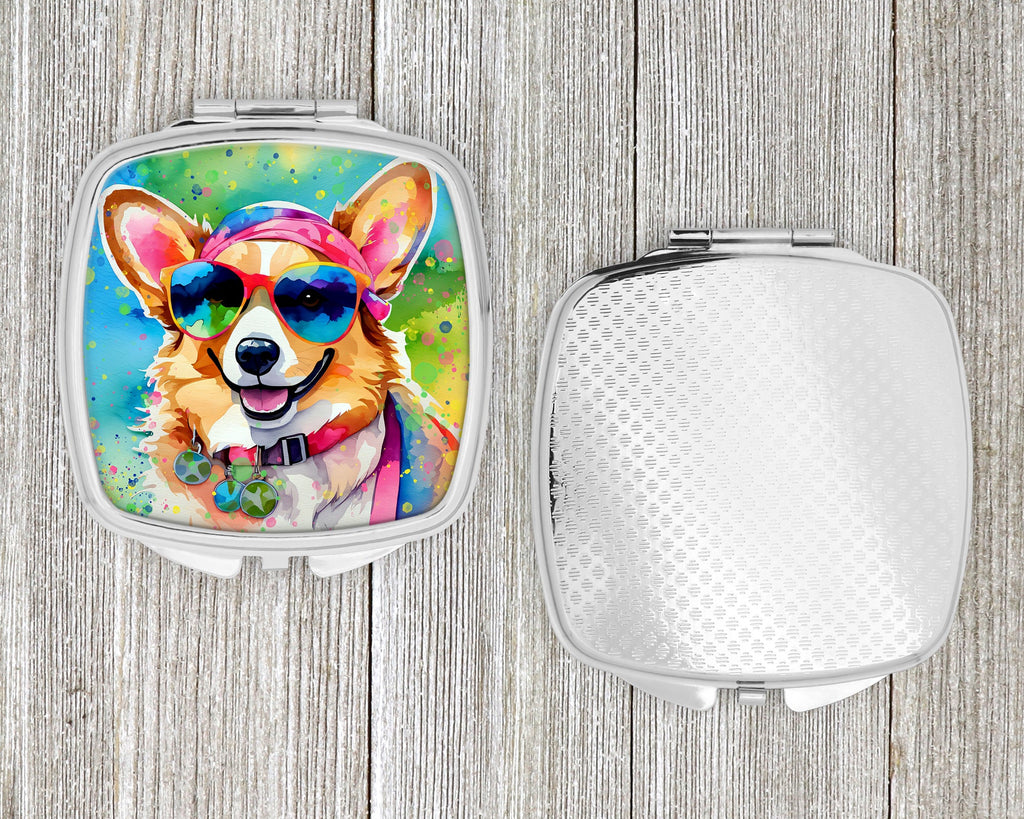 Corgi Hippie Dawg Compact Mirror Decorative Travel Makeup Mirror for Women Girls Gifts Pocket Makeup Mirror Folding Handheld
