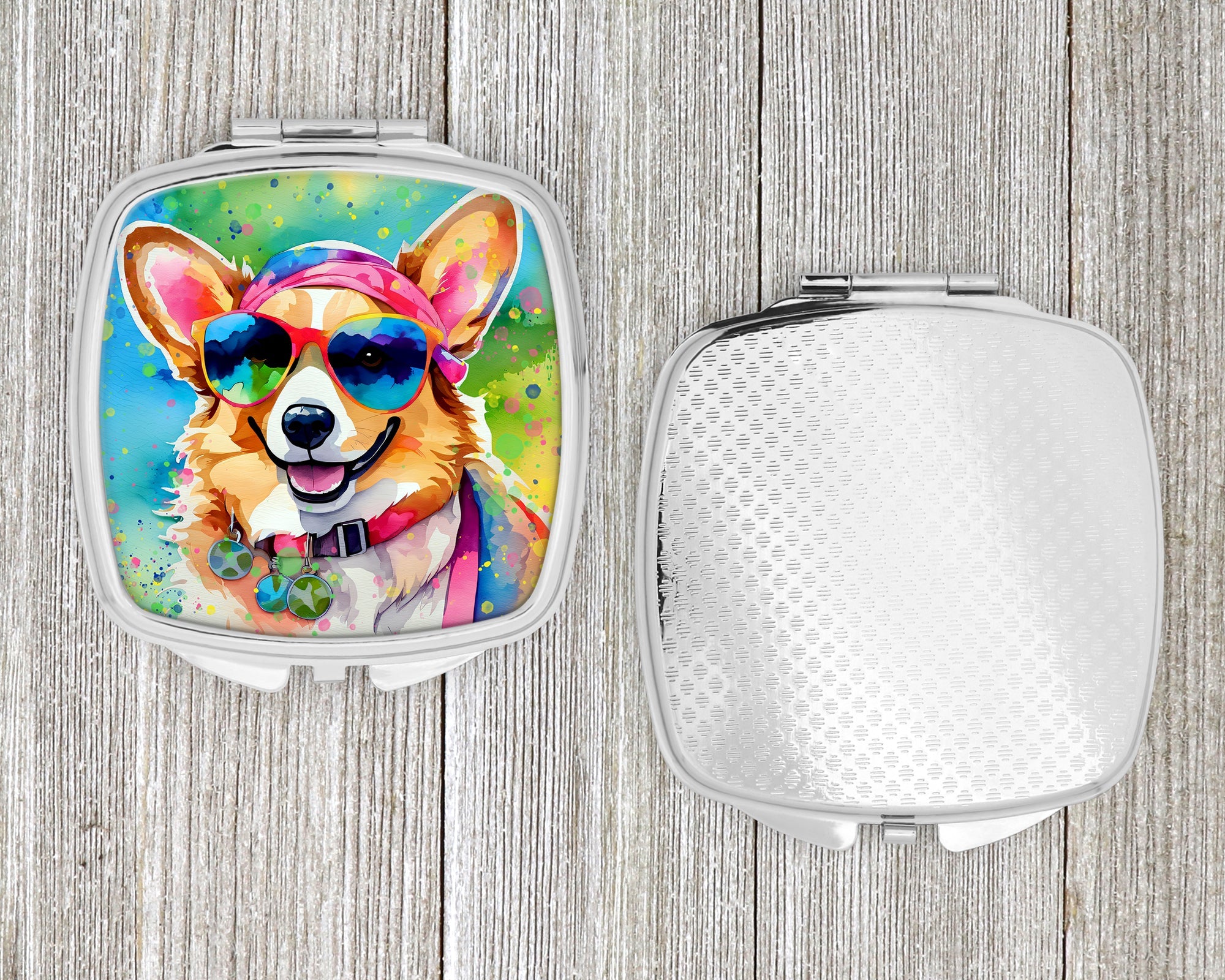 Corgi Hippie Dawg Compact Mirror Decorative Travel Makeup Mirror for Women Girls Gifts Pocket Makeup Mirror Folding Handheld