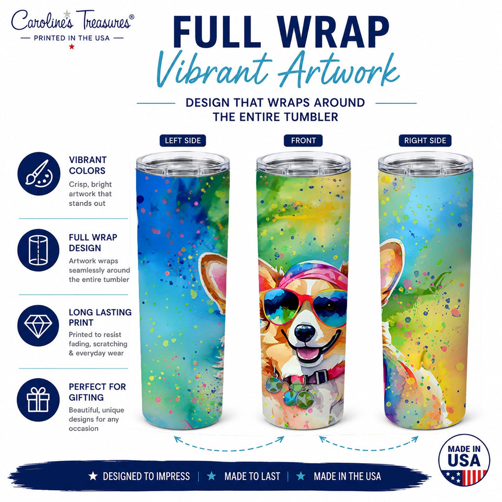 Corgi Hippie Dawg Stainless Steel Skinny Tumbler 20 oz Vacuum Double Walled Reusable Insulated Travel Cup