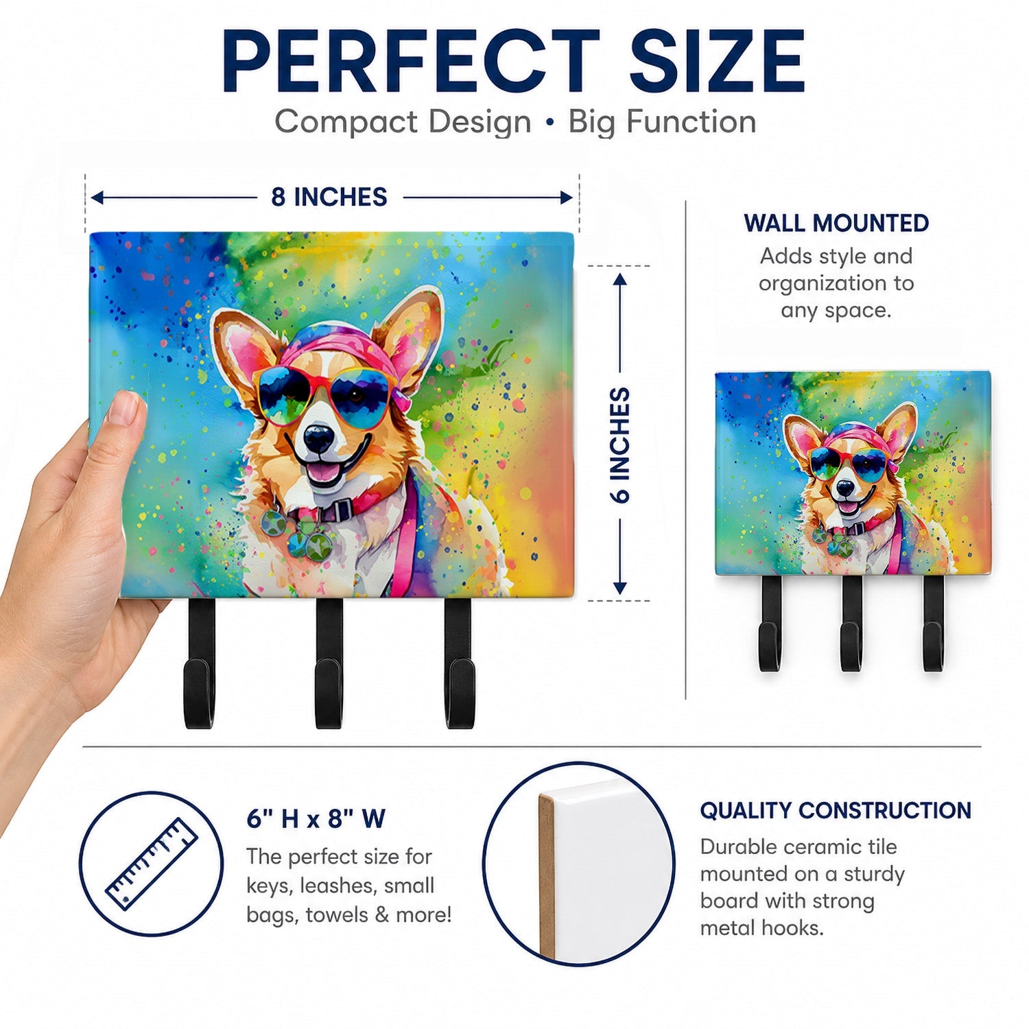 Corgi Hippie Dawg Leash or Key Holder Wall Hooks, Coat Rack Wall Mount, for Hanging Keys, Towels, Aprons, Leashes