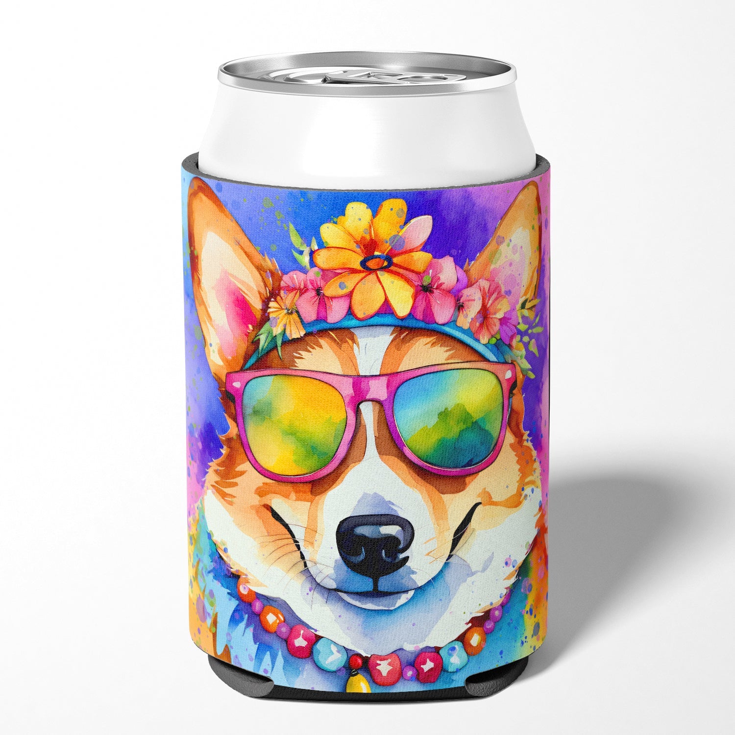 Corgi Hippie Dawg Can or Bottle Hugger Cooler Sleeve for Standard 12 oz Cans, Insulated Foam Beer & Soda Can Hugger Reusable