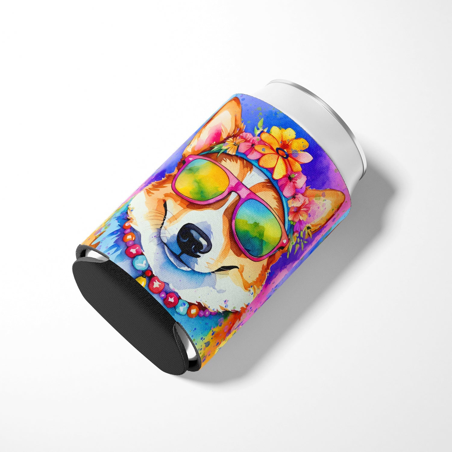 Corgi Hippie Dawg Can or Bottle Hugger Cooler Sleeve for Standard 12 oz Cans, Insulated Foam Beer & Soda Can Hugger Reusable