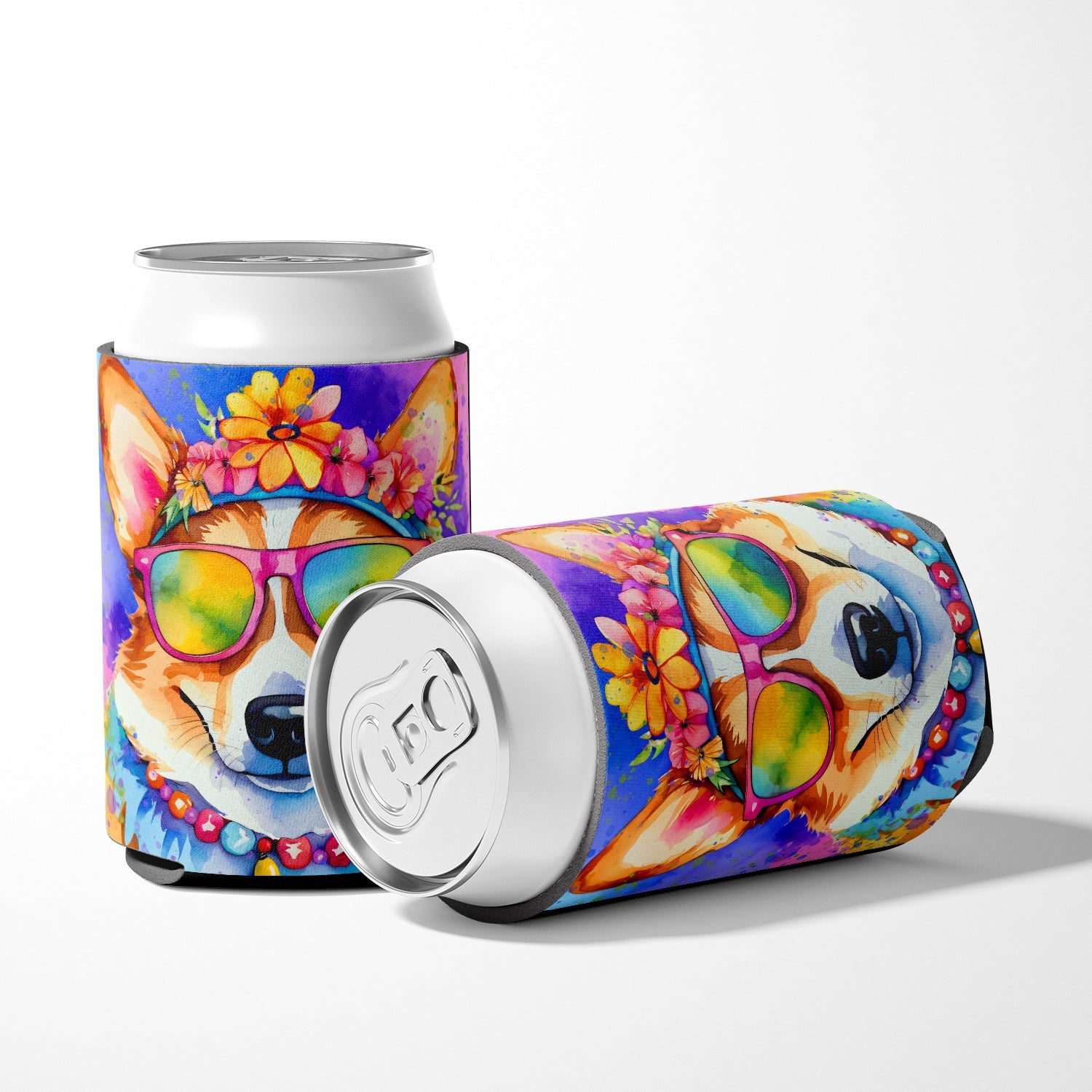 Corgi Hippie Dawg Can or Bottle Hugger Cooler Sleeve for Standard 12 oz Cans, Insulated Foam Beer & Soda Can Hugger Reusable