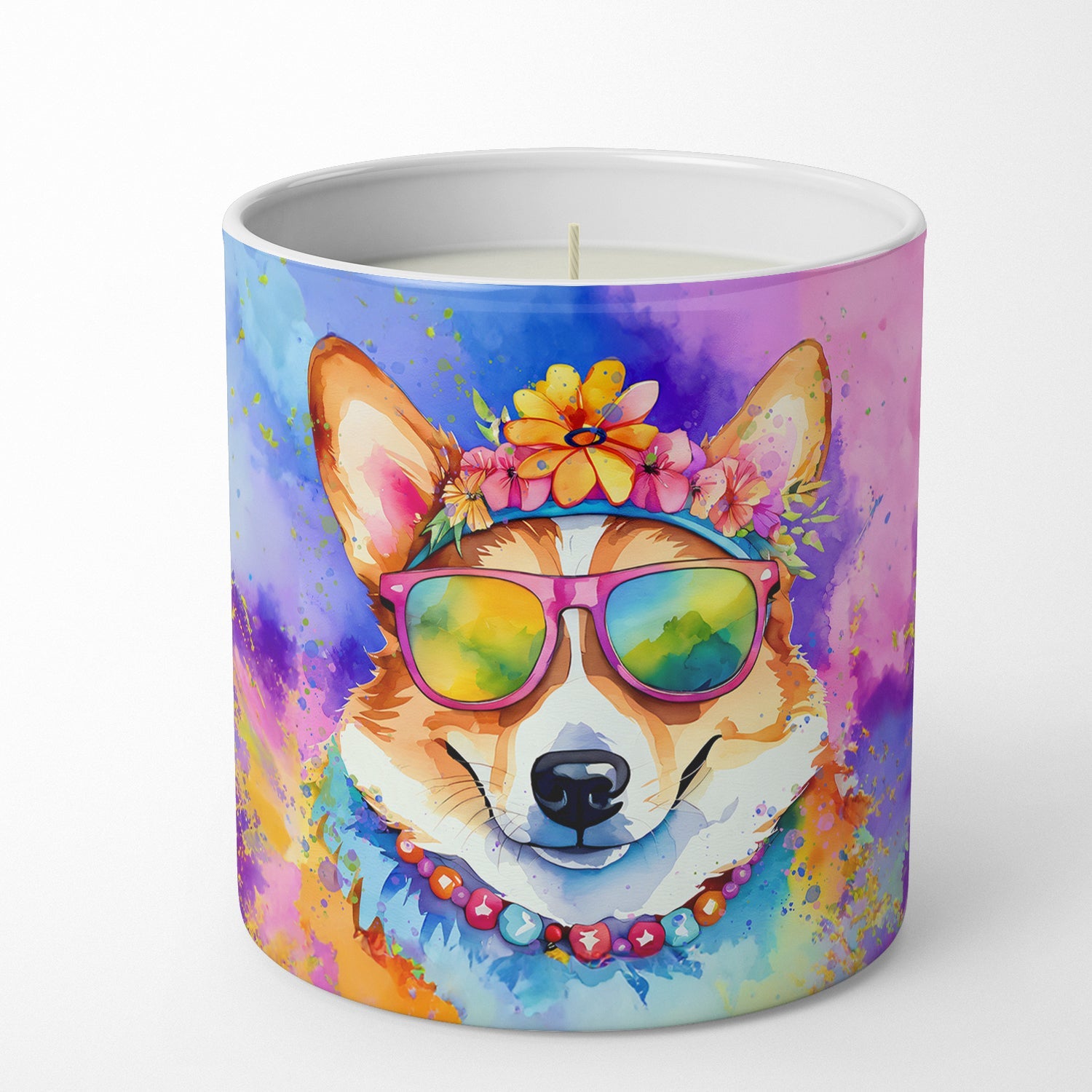 Corgi Hippie Dawg Decorative Soy Candle Nature Soy Wax Essential Oil Home Decor Ideal for Bedroom Kitchen Bath Office Gift, 10 oz