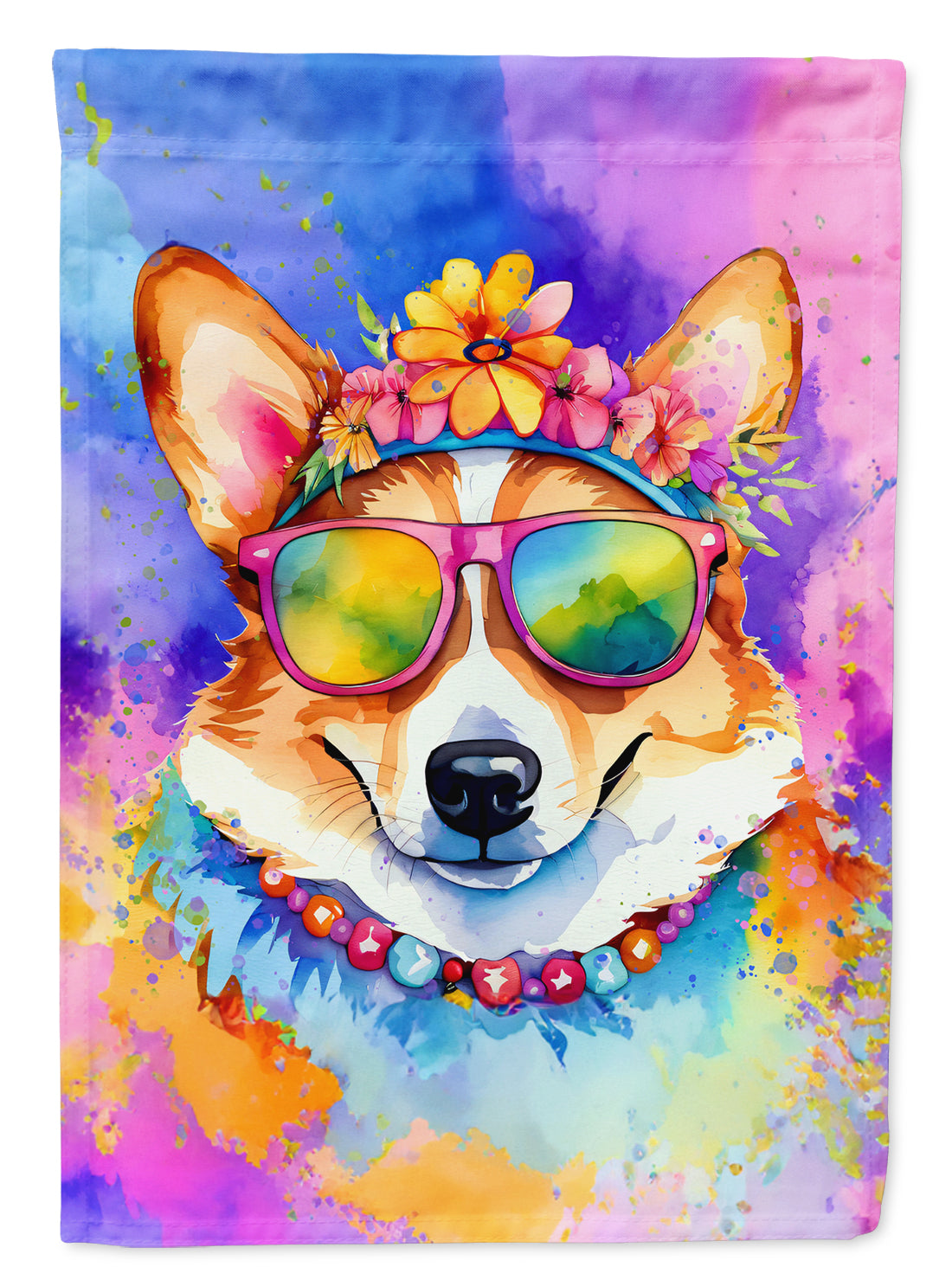 Corgi Hippie Dawg House Flag 28x40 Porch Sleeve Pole Decorative Outside Yard Banner Artwork Wall Hanging, Polyester