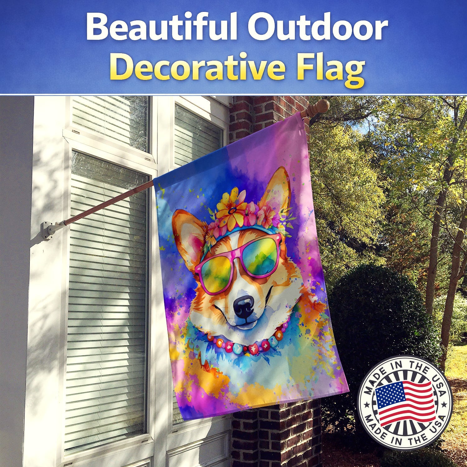 Corgi Hippie Dawg House Flag 28x40 Porch Sleeve Pole Decorative Outside Yard Banner Artwork Wall Hanging, Polyester