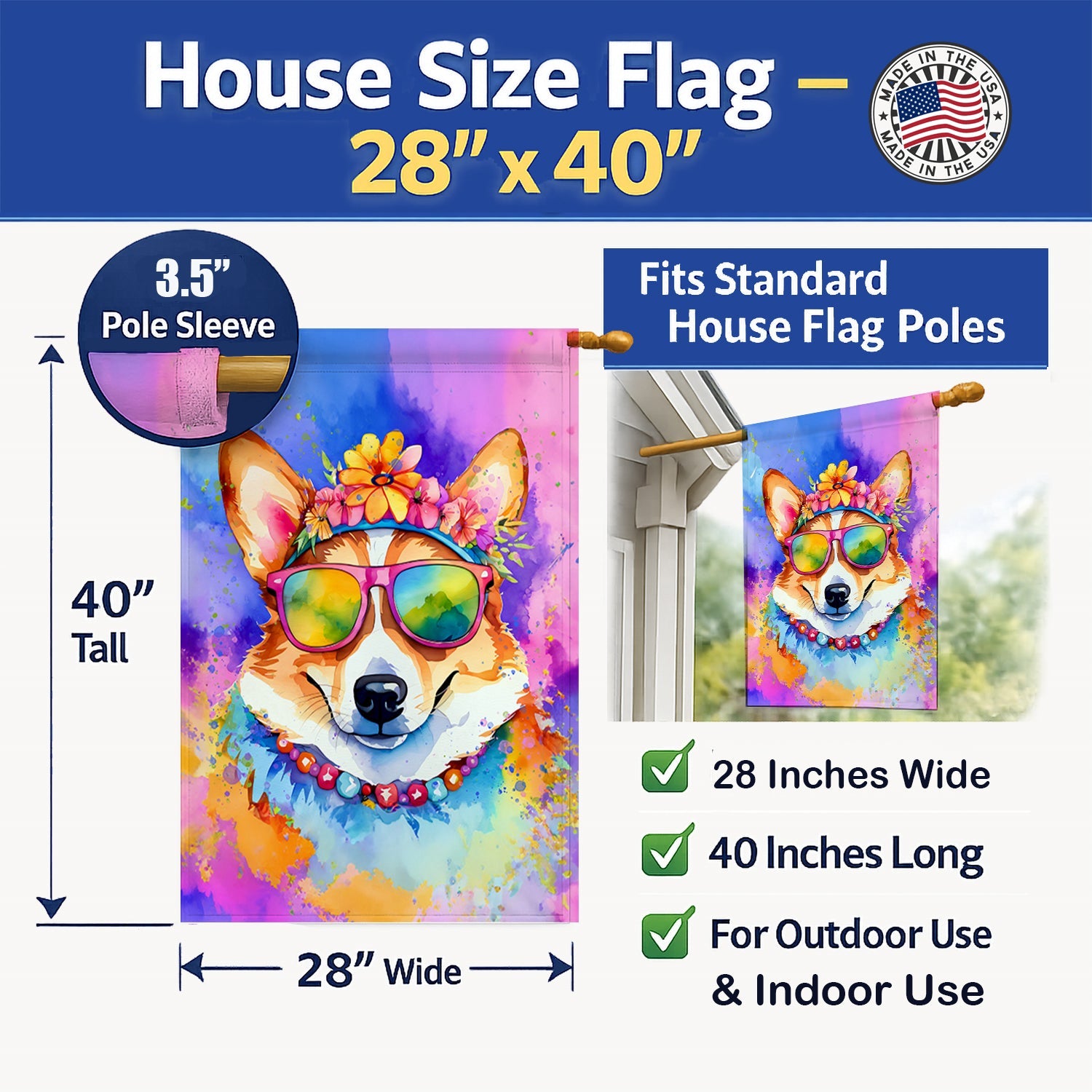 Corgi Hippie Dawg House Flag 28x40 Porch Sleeve Pole Decorative Outside Yard Banner Artwork Wall Hanging, Polyester