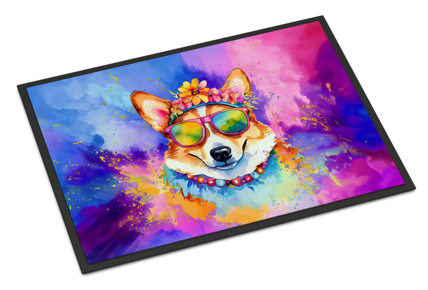 Corgi Hippie Dawg Doormat Indoor Outdoor 24H X 36W Front Door Mat Rugs for Entryway, Non Slip Washable Low Pile,