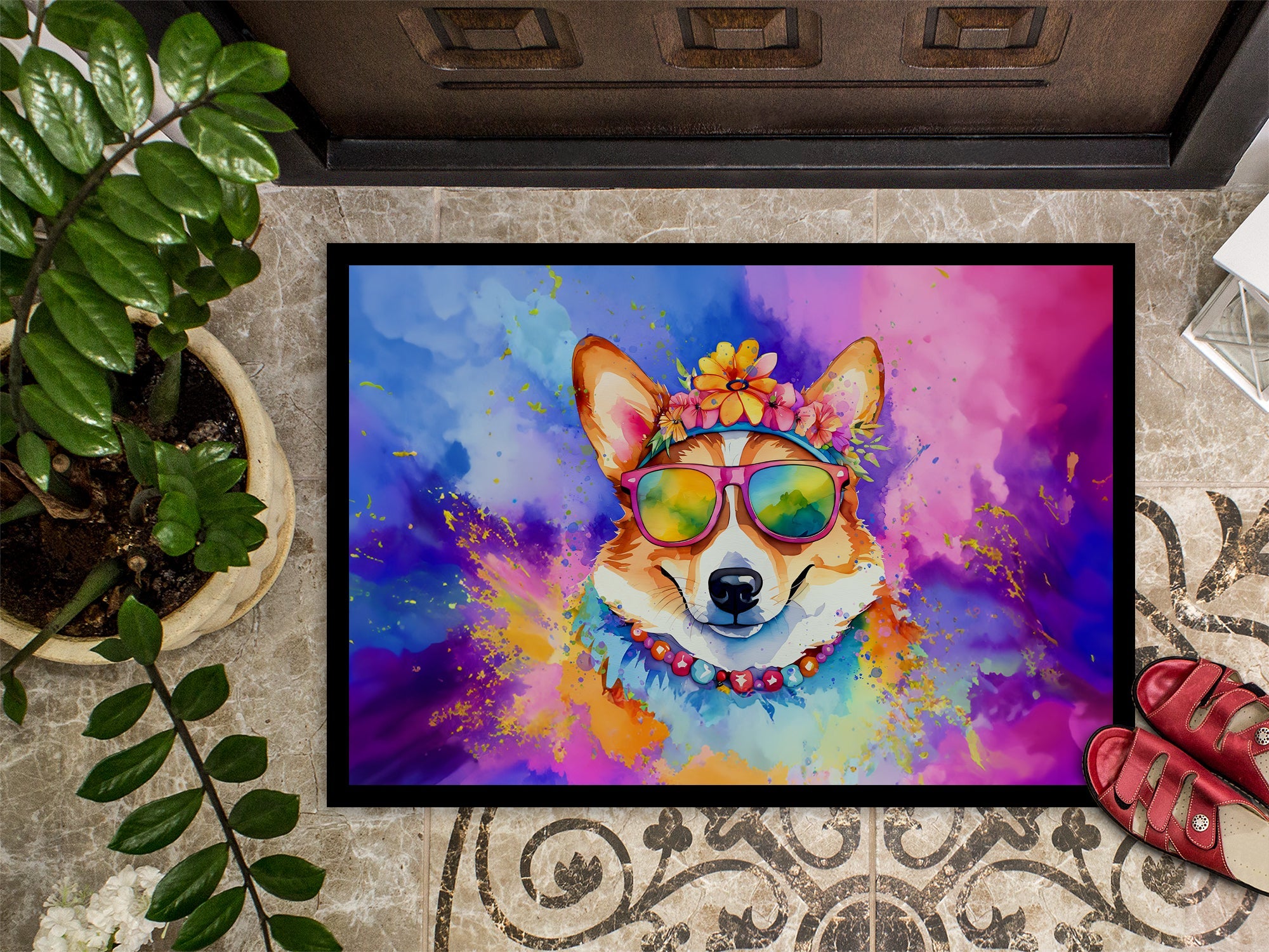 Corgi Hippie Dawg Doormat Indoor Outdoor 24H X 36W Front Door Mat Rugs for Entryway, Non Slip Washable Low Pile,