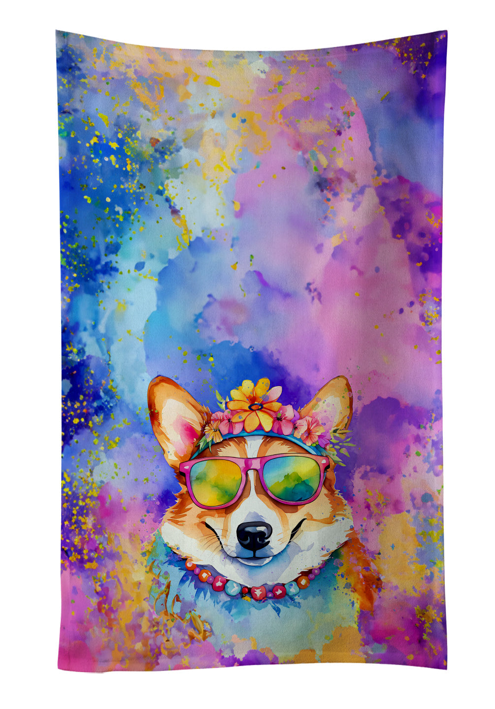 Corgi Hippie Dawg Kitchen Towel Velour Plush Front and Cotton Loop Back Machine Washable