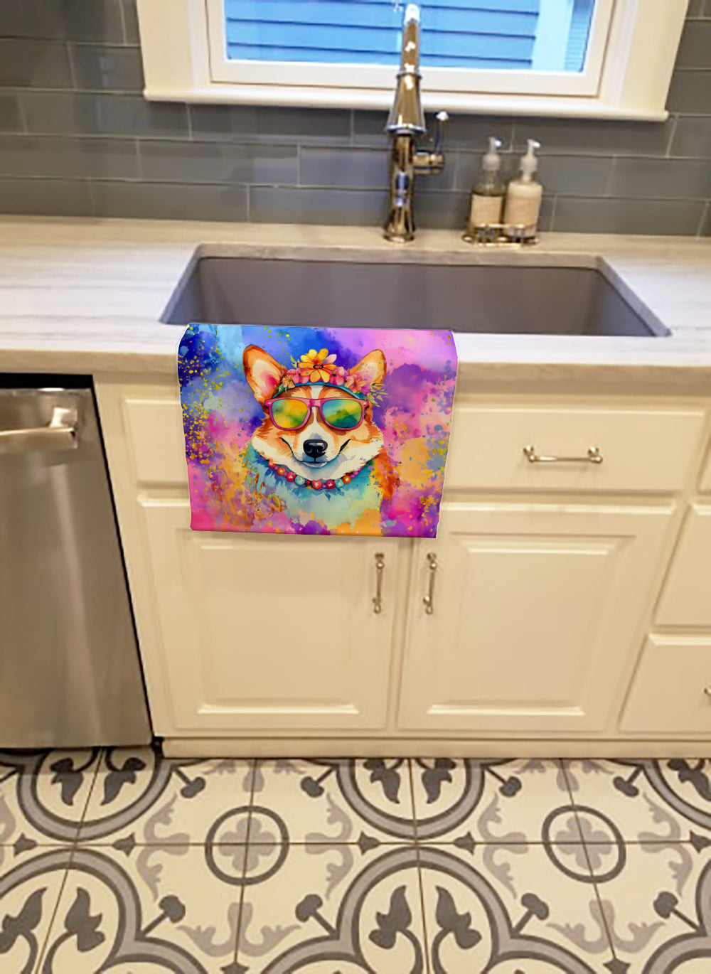 Corgi Hippie Dawg Kitchen Towel Velour Plush Front and Cotton Loop Back Machine Washable