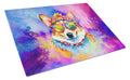 Corgi Hippie Dawg Cutting Board Tempered Glass Kitchen Cutting Surface, Heat Resistant Chopping, Non-Slip Feet, Food Prep & Serving