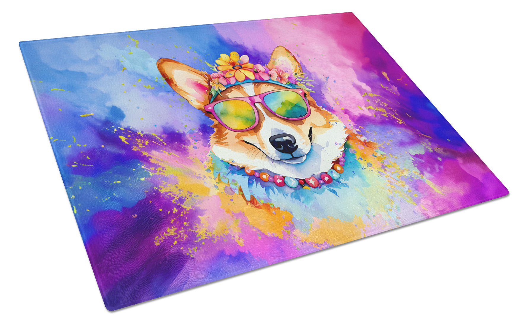 Corgi Hippie Dawg Cutting Board Tempered Glass Kitchen Cutting Surface, Heat Resistant Chopping, Non-Slip Feet, Food Prep & Serving