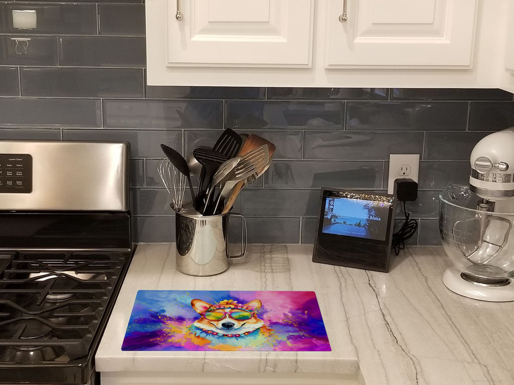 Corgi Hippie Dawg Cutting Board Tempered Glass Kitchen Cutting Surface, Heat Resistant Chopping, Non-Slip Feet, Food Prep & Serving