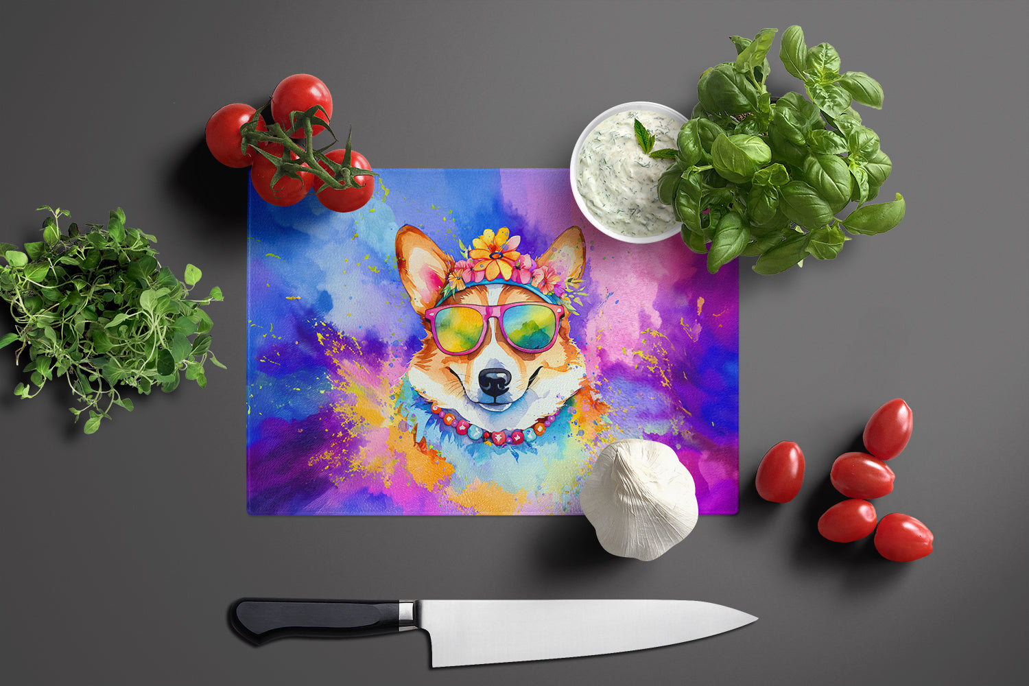 Corgi Hippie Dawg Cutting Board Tempered Glass Kitchen Cutting Surface, Heat Resistant Chopping, Non-Slip Feet, Food Prep & Serving