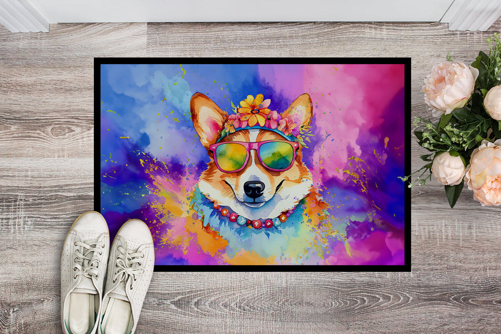 Corgi Hippie Dawg Doormat Indoor Outdoor 18H X 27W Front Door Mat Rugs for Entryway, Non Slip Washable