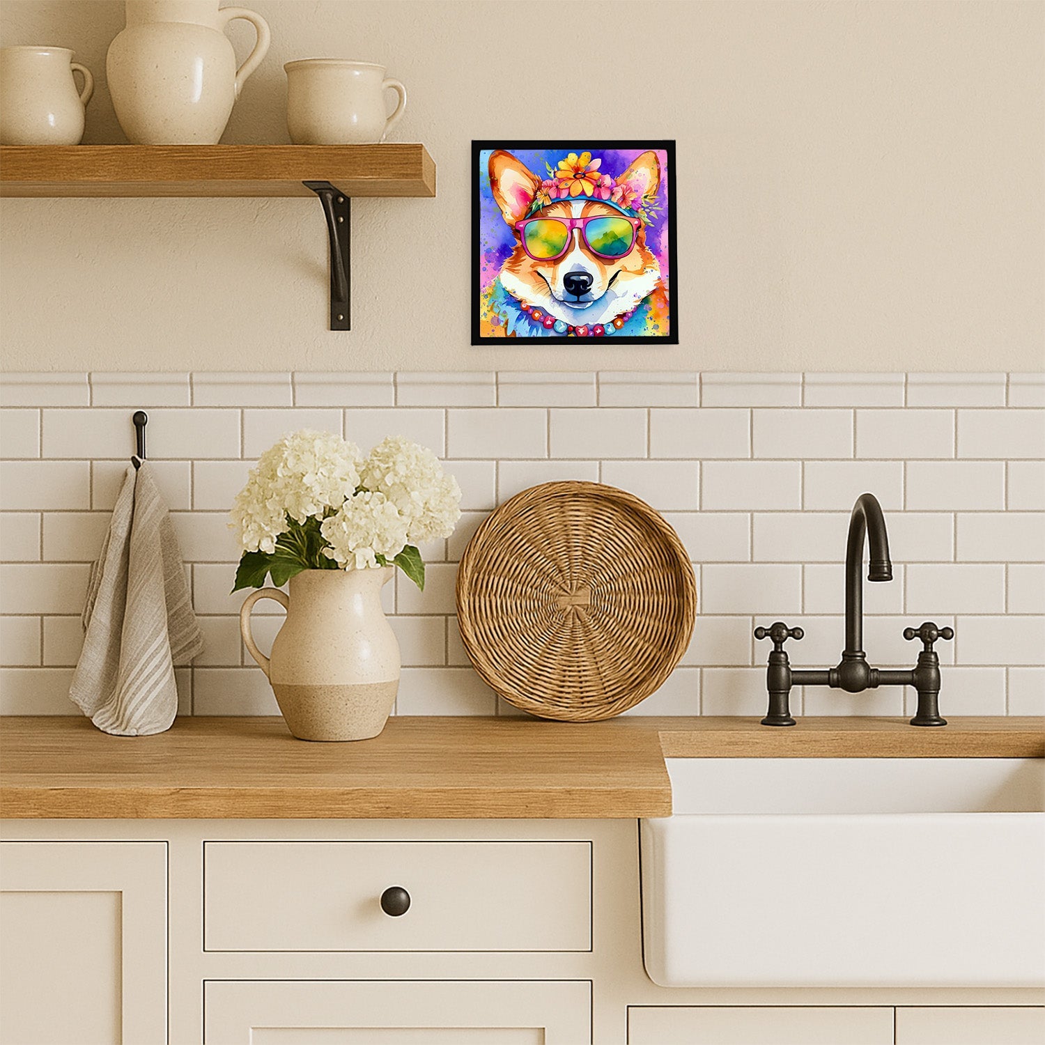 Corgi Hippie Dawg Framed Metal Print Bathroom, Kitchen, Office, Home Decor Wall Art Ready to Hang, Square, 8X8