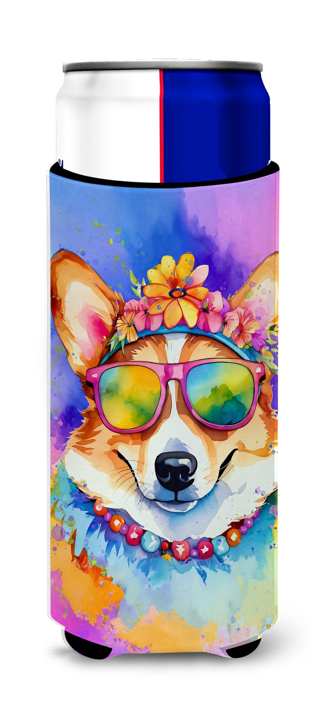 Corgi Hippie Dawg Slim Can Hugger , Insulated Foam Hugger for 12 oz Slim Cans, Beer Bottles & Water Bottles, Printed in USA