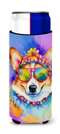 Corgi Hippie Dawg Slim Can Hugger , Insulated Foam Hugger for 12 oz Slim Cans, Beer Bottles & Water Bottles, Printed in USA