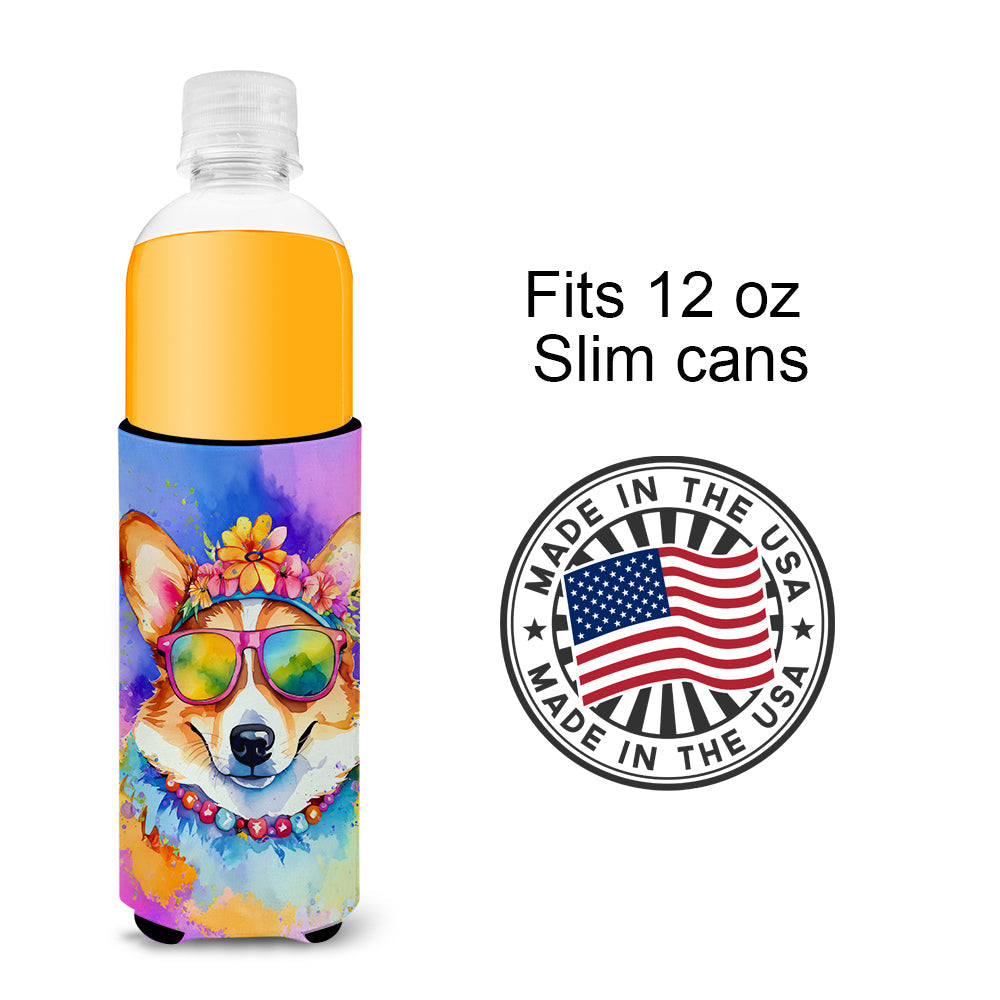 Corgi Hippie Dawg Slim Can Hugger , Insulated Foam Hugger for 12 oz Slim Cans, Beer Bottles & Water Bottles, Printed in USA