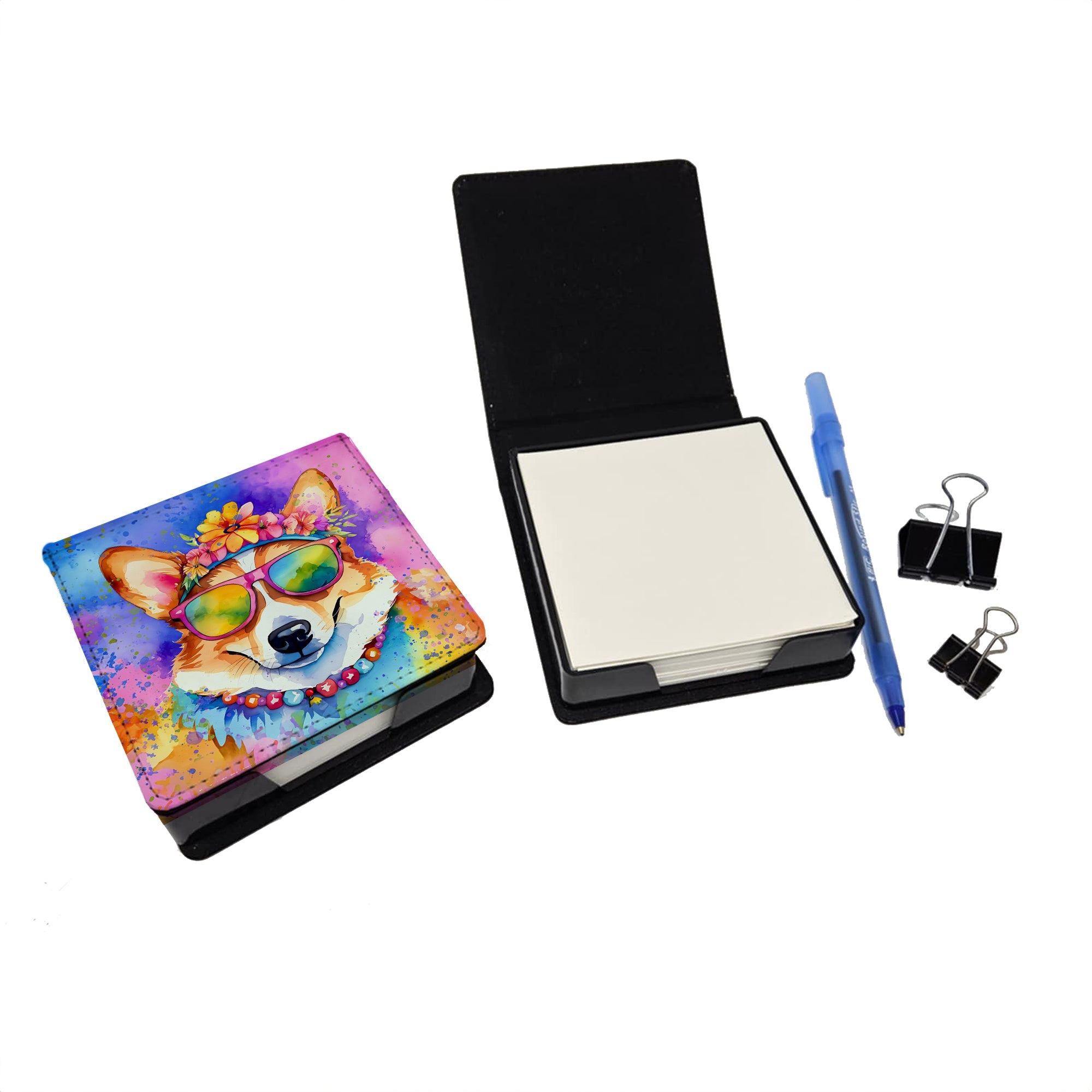 Corgi Hippie Dawg PU Leather Note Paper Holder with Artist-Designed Cover, Desk Accessory, Office Gift