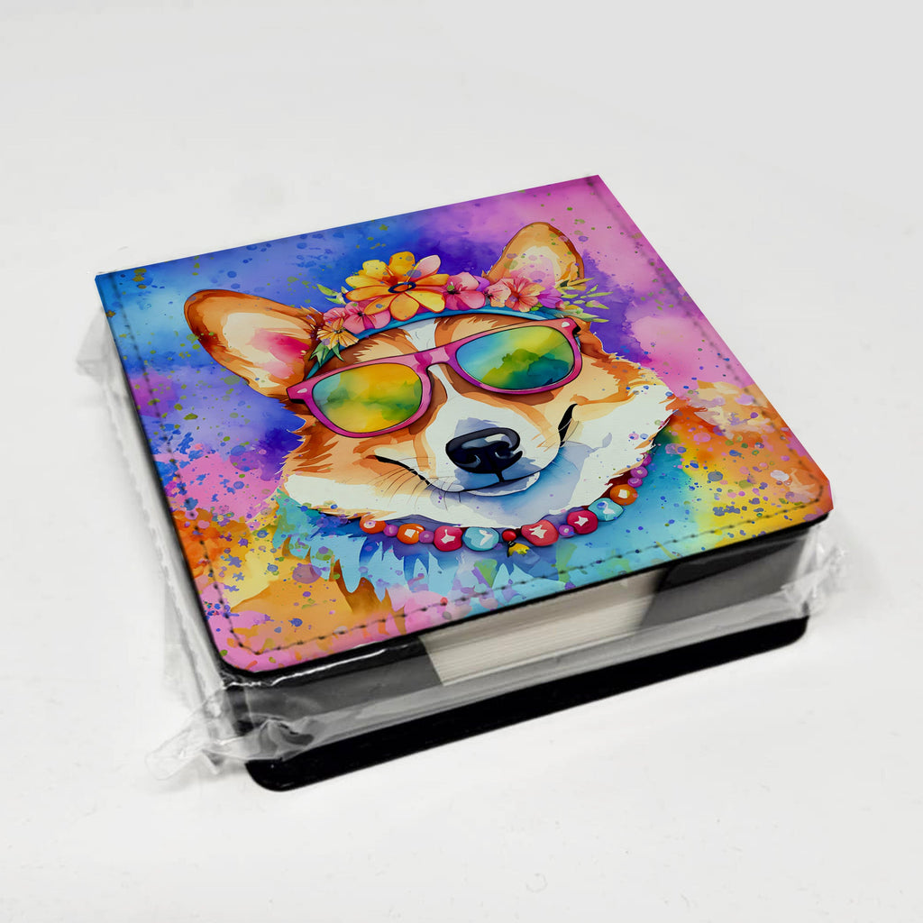 Corgi Hippie Dawg PU Leather Note Paper Holder with Artist-Designed Cover, Desk Accessory, Office Gift